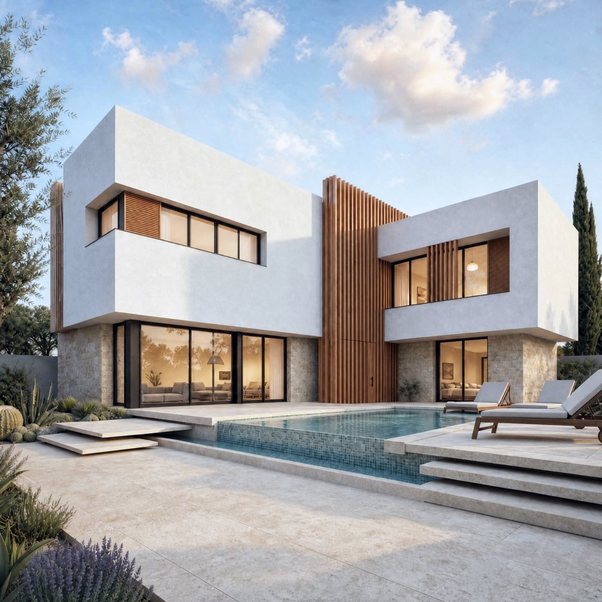 Villa contemporaine blanche avec bardage bois, parement pierre et piscine